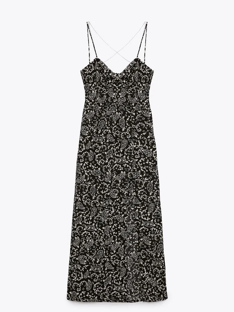 

Zach AiIsa summer new women's retro printed chain suspenders sexy hollow backless temperament holiday mid-length texture dress