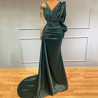 green satin mermaid evening dress beads v neck long sleeves women formal party night robe de soiree elegant appliques prom gown