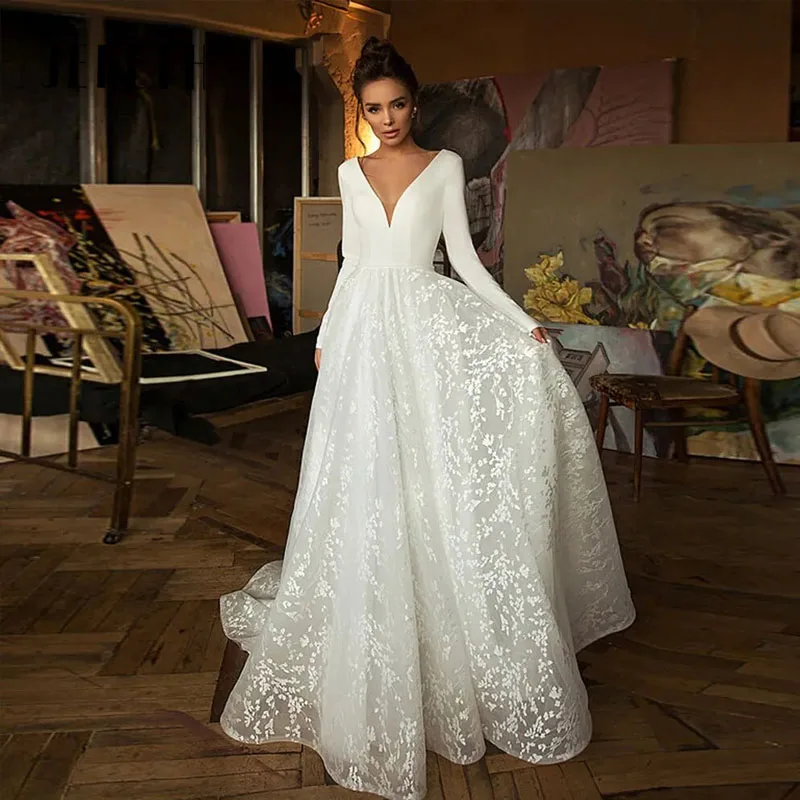 

JEHETH V Neck Wedding Dress For Women Sexy Backless Elegant A Line Lace Bridal Gowns Princess Dress Custome Vestidos De Novia