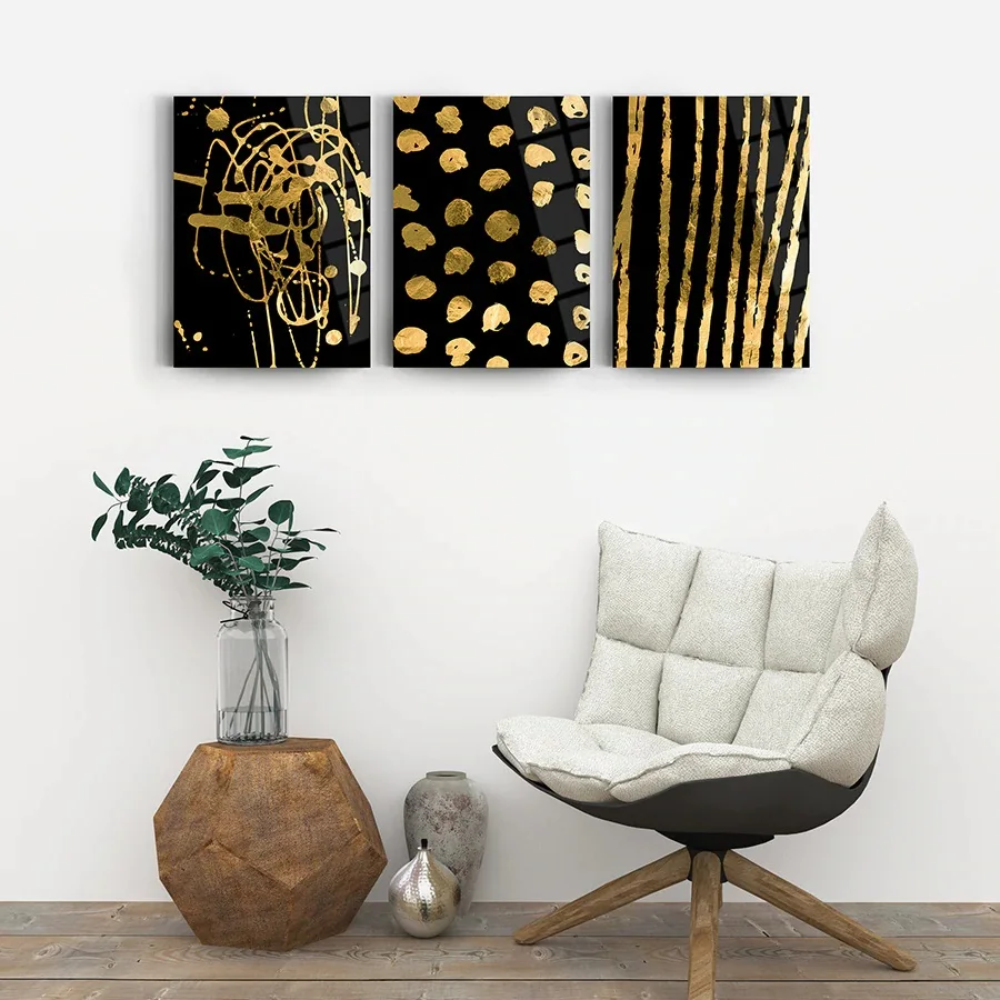 

Golden And Black Set Of 3, Glass Wall Art,Frameless Free Floating Tempered Glass Panel,Home Office Living Room Decoration,