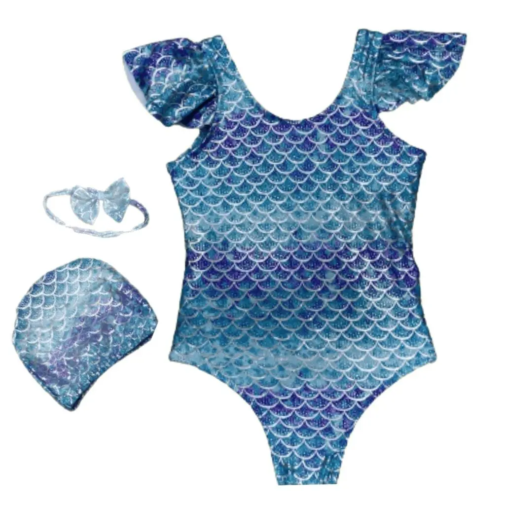 

Maiô Body Infantil Juvenil Kit Com Touca de Natação e Tiara Estampa Sereia Metalizado