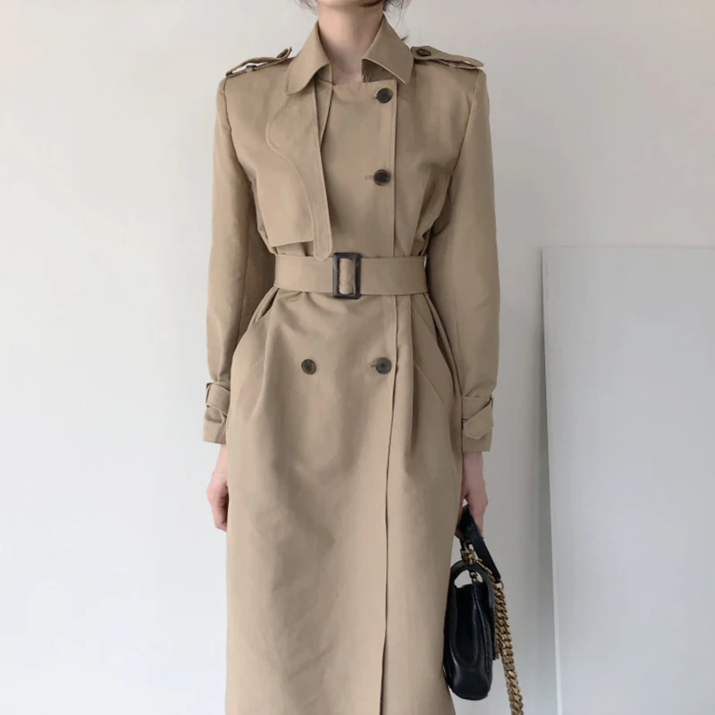 

Женский элегантный длинный Тренч Clothland, двубортный длинный жакет цвета хаки и черного цвета с поясом и длинным рукавом, офисные деловые паль...