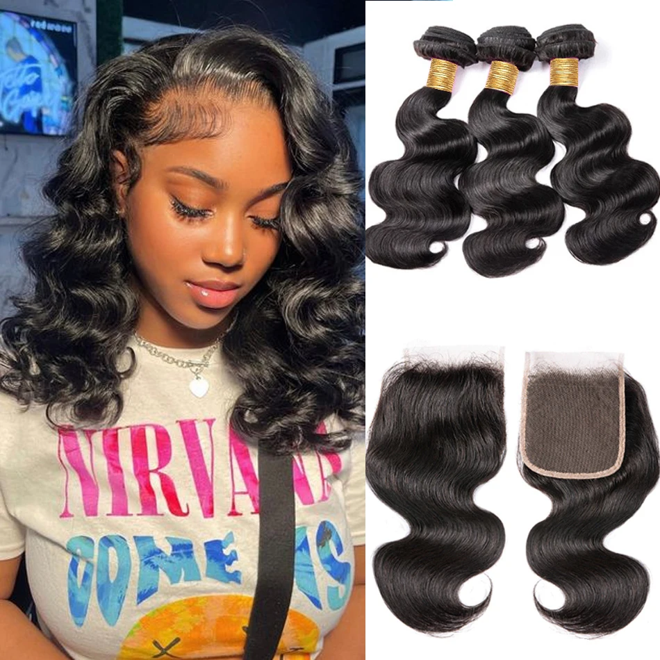 

Short Body Wave Bundles With Frontal 13x4 100% Unprocessed 12A Brazlian 3/4Bundles Raw Human Hair Bundle With Closure Loose Body