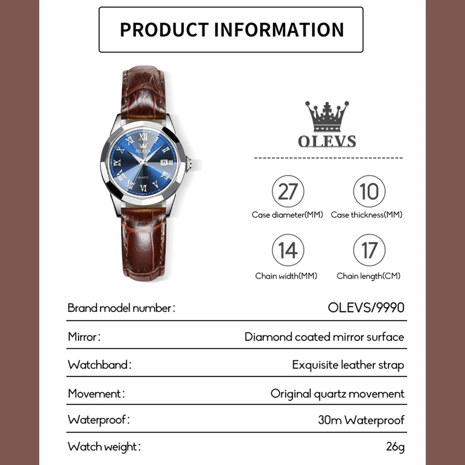 Женские часы OLEVS Водонепроницаемые Наручные с кожаным ремешком Милые Дата