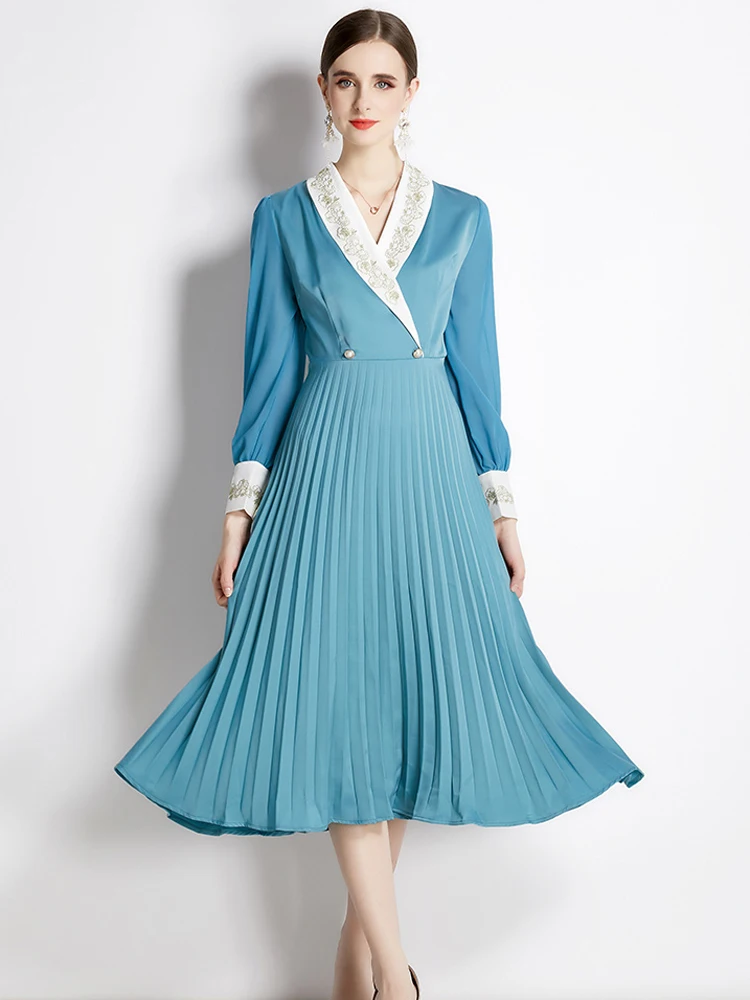 

Женское модельное дизайнерское плиссированное платье миди с вышивкой на воротнике, повседневное однотонное синее платье с длинным рукавом...