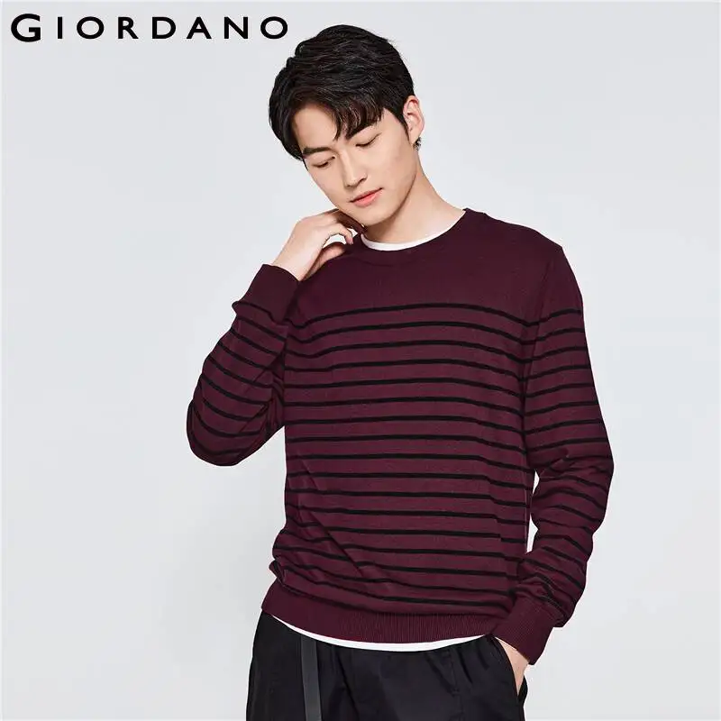

Мужские свитеры в полоску Giordano, хлопковая трикотажная одежда с круглым вырезом, 100% хлопок, трикотажная повседневная трикотажная одежда с 12 отложными полосками и круглым вырезом, 13052602