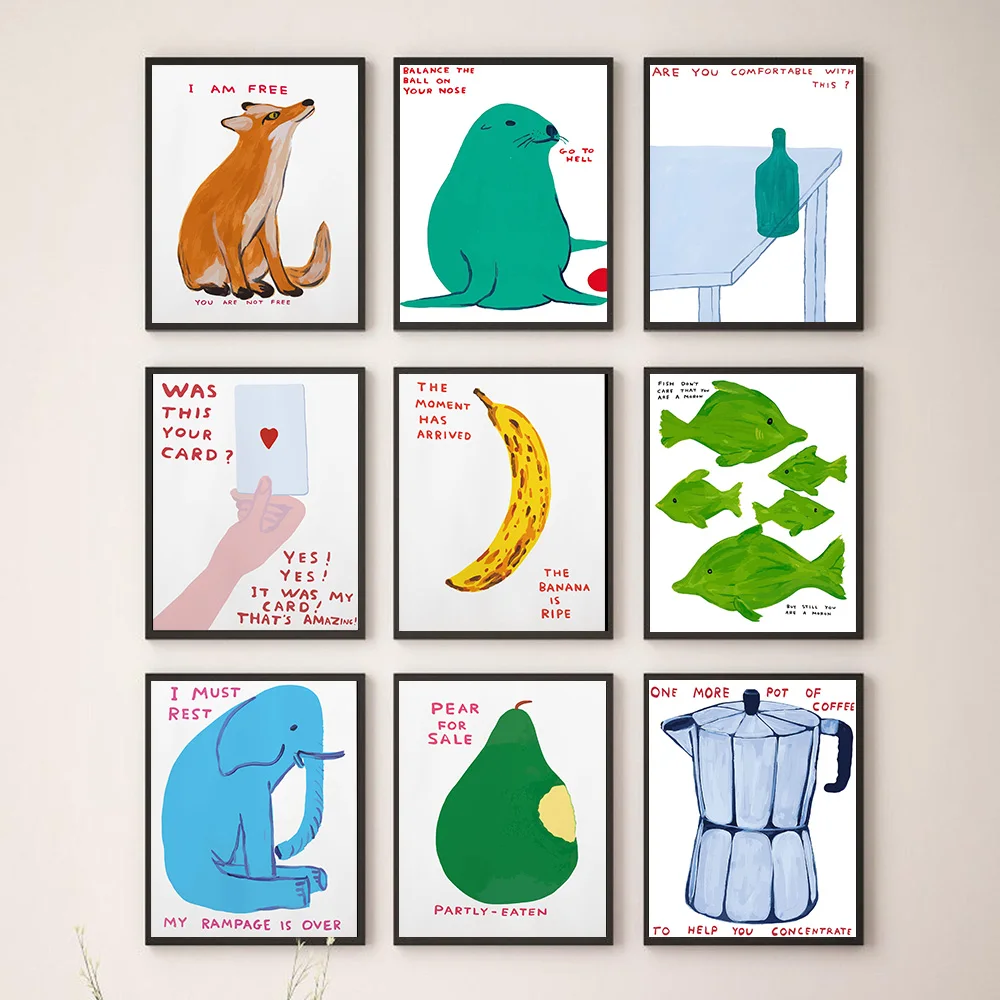 

David Shrigley, слон, банан, кот, птица, настенная Картина на холсте, скандинавские постеры и принты, настенные картины для декора гостиной