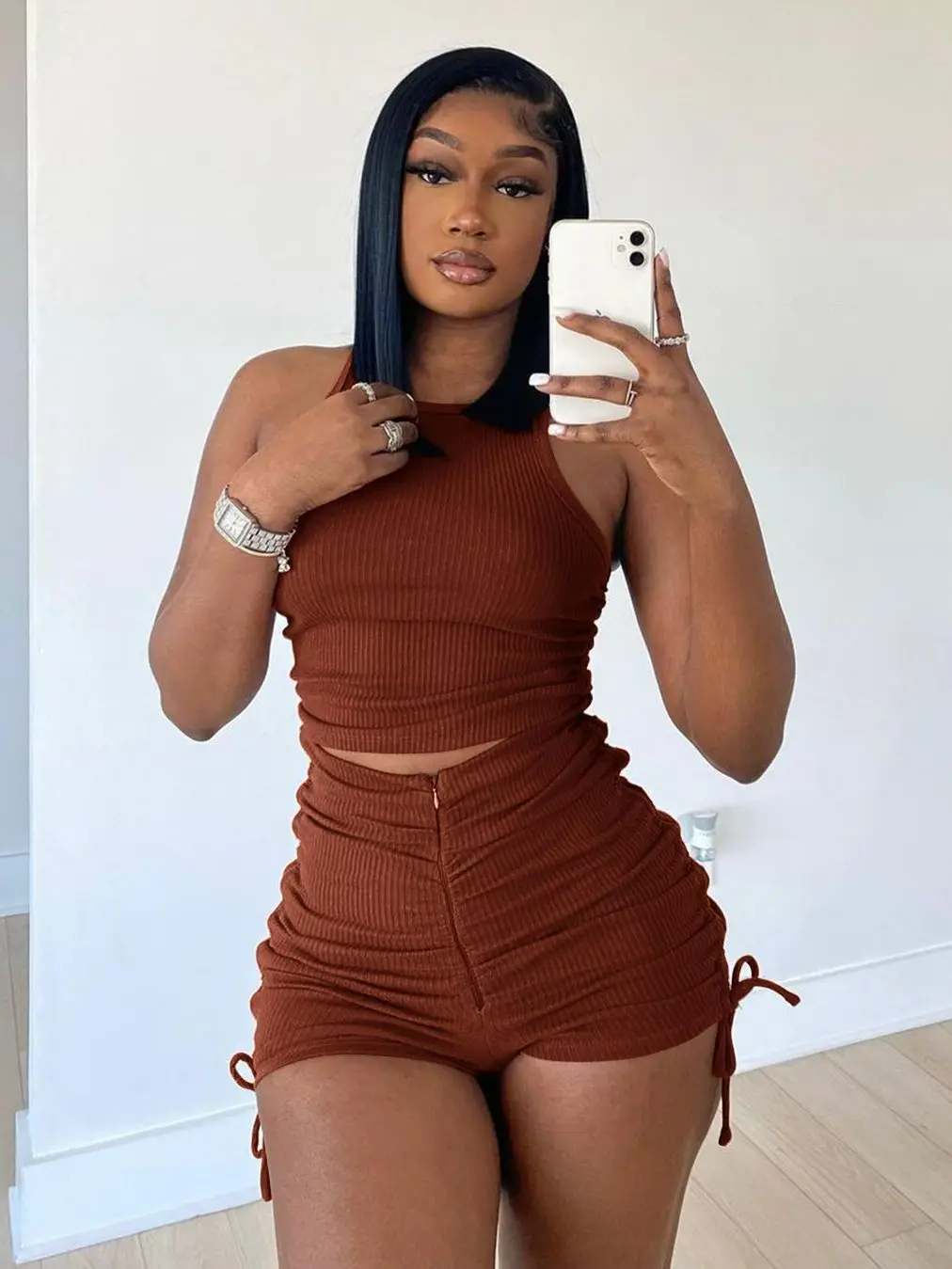 

OLOMLB 2022 Summer Two Piece Set Women Solid Sleeveless Vest Pleat Bandage Zipper Streetwear Biker Sports Outfits