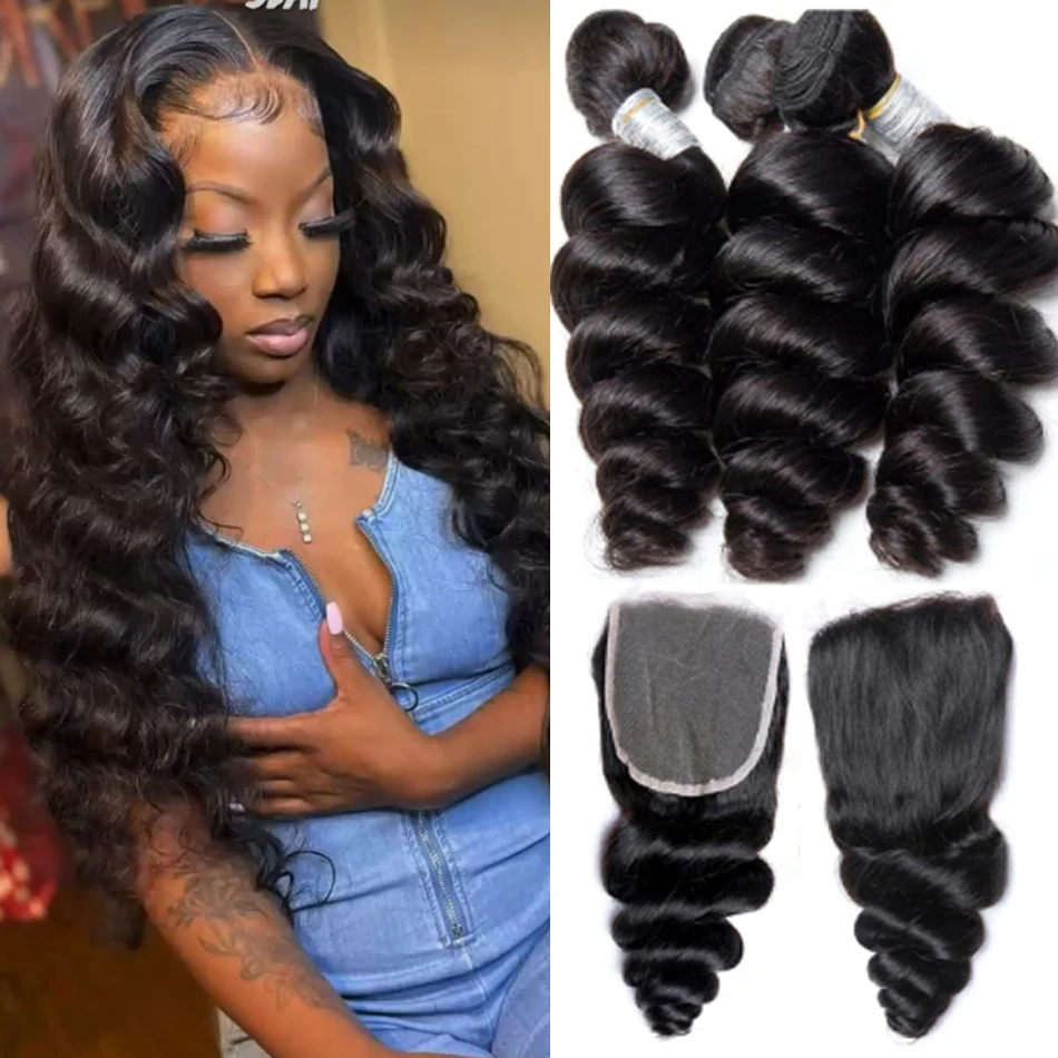 

Loose Wave Add 4X4 Lace Closure12A Grade Cheap Unprocessed Brazilian Virgin Human Hair 3/4 Bundles With Closure Loose Deep Weave