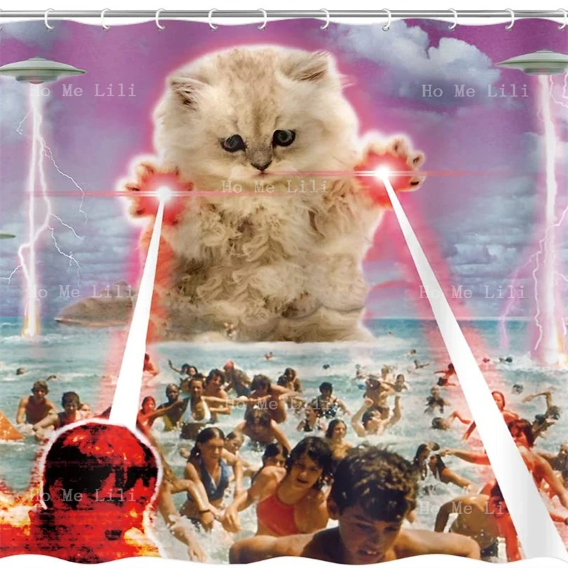 

Funny Alien Kitten Cat Ufo On The Beach Catching Human Ocean Animal Octopus Kraken Play Music Fabric Shower Curtains With Hooks