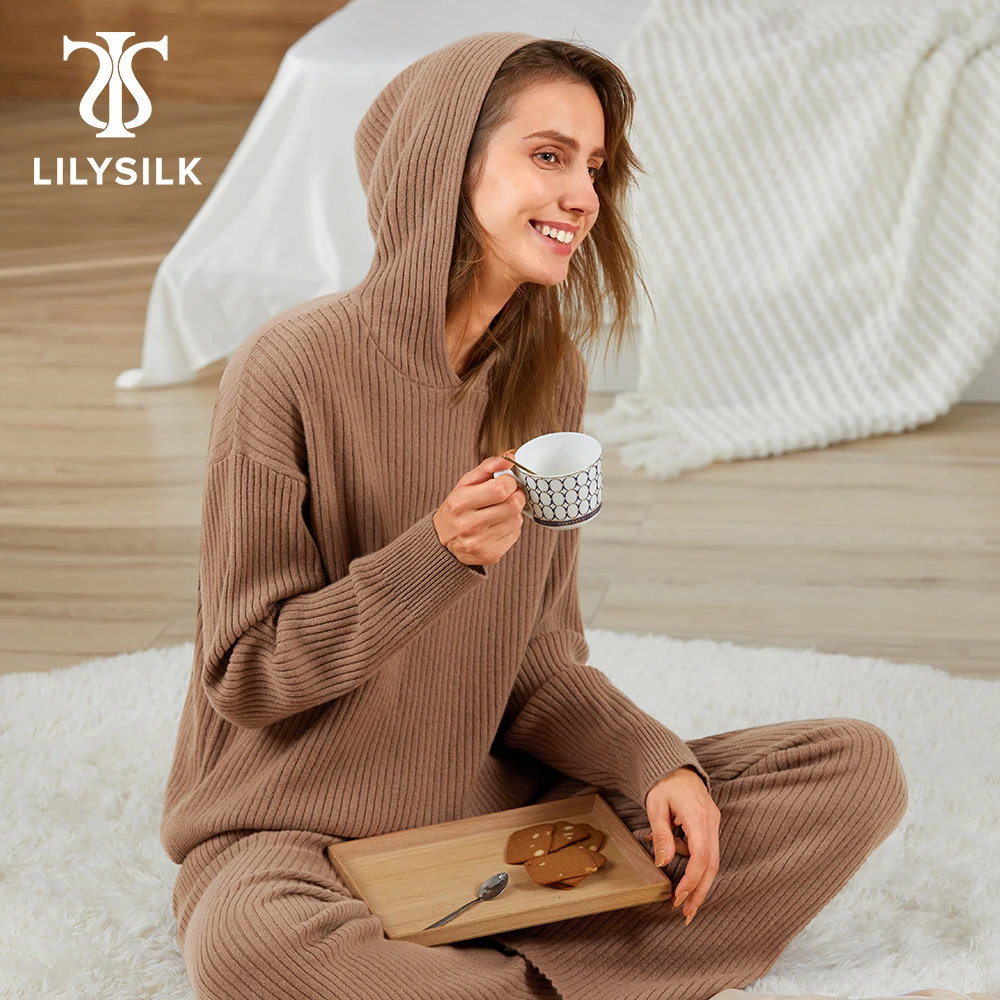 

LILYSILK Women Pure Cashmere Hoodie 2022 Fall New Long Sleeve Ribbed V-Neck Lougewear Lady Casual Home Clothing Free Shipping