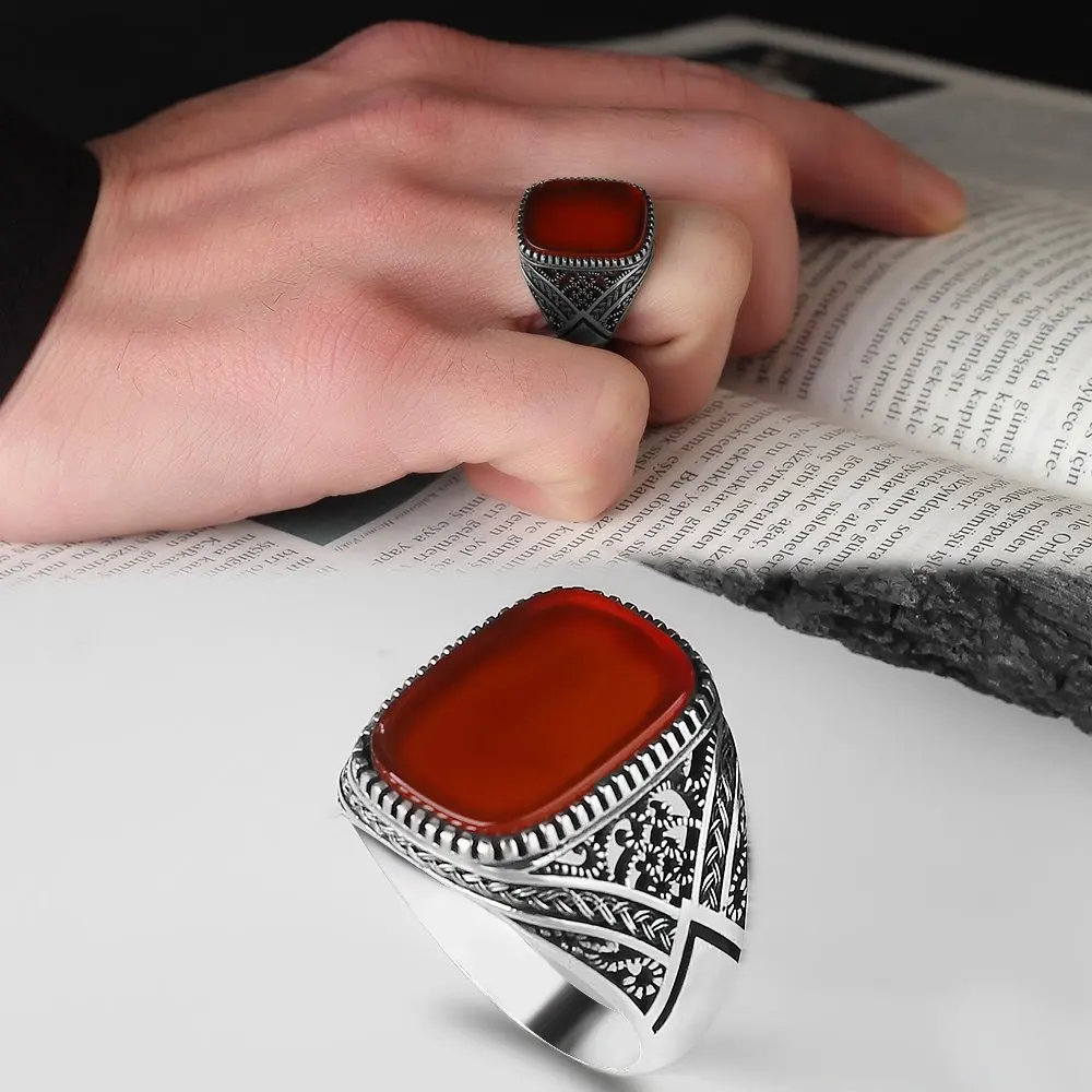 Modern Style Real Pure Sterling Silver Ring 925 For Men Natural Red Agate Aqeeq Stone Patterned Turkish Jewelry All Sizes