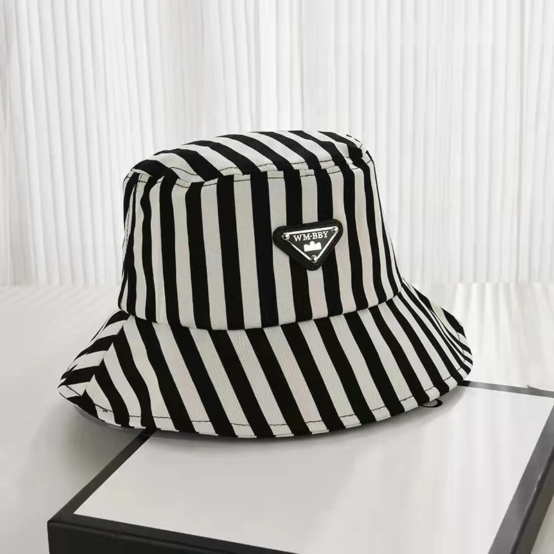 

Designer Black White Striped Bucket Hat Women Triangle Flat-top Fisherman Hat Summer New Niche Luxury Panama Ladies Sun Hat