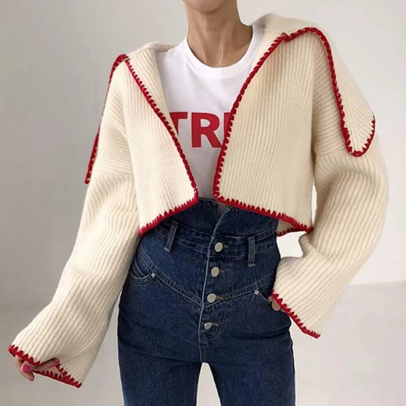 

Clothland Women Chic Short Style Knitting Cardigan Long Sleeve Turn Down Collar Jacket Sweater Retro Coats HA283