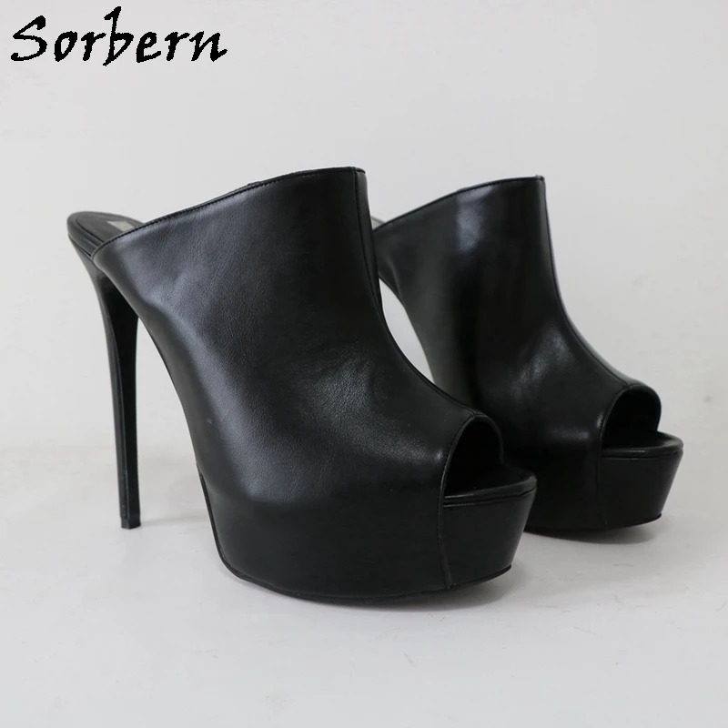 Sorbern Black Matt Women Slipper Open Toe Stilettos High Heel Platform Shoes Slip On Outdoor Unisex Summer Shoe 16Cm Heeled