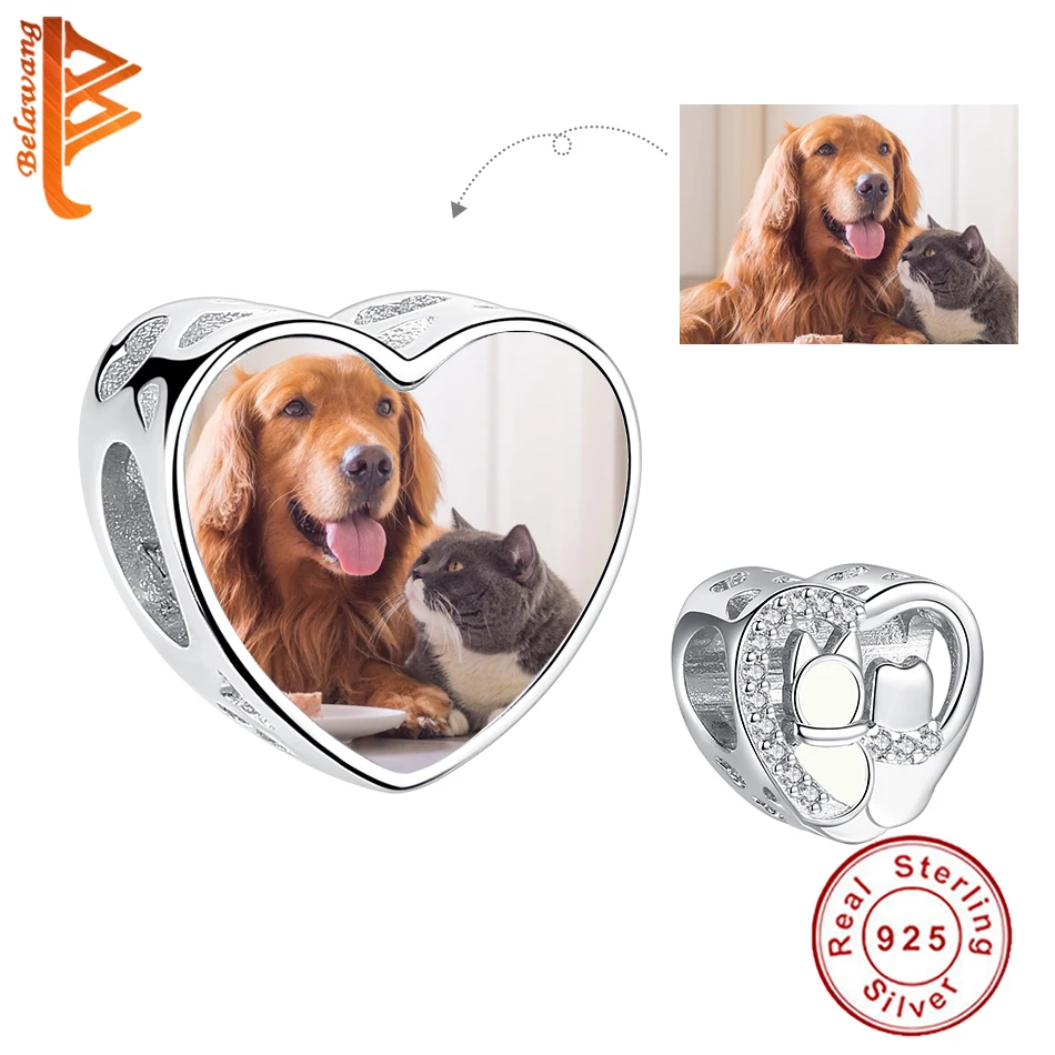 

BELAWANG 925 Sterling Silver Animal Dog Cat with Enamel Heart Custom Photo Charm Beads Fit Women Bracelets DIY Jewelry Making