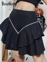 insgoth gothic mini skirt cake pleated v diamond zipper high waist black street skirt harajuku dark academia aesthetic party