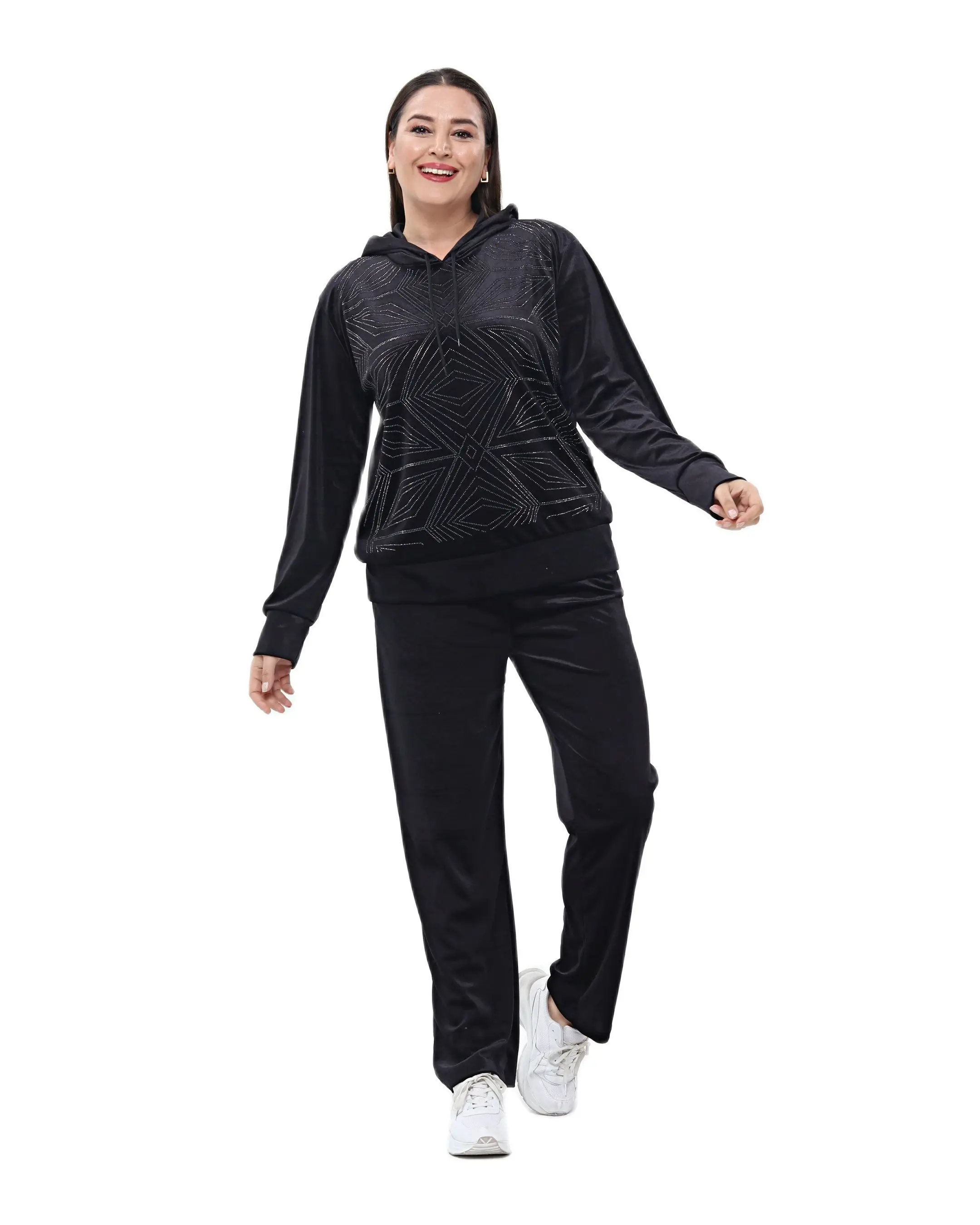 Women’s Plus Size Black Sweatsuit Set 2 Piece Velvet Stone Design Tracksuit, Designed and Made in Turkey, New Arrival