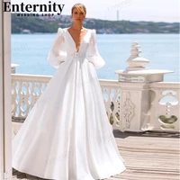 simple puffy long sleeves wedding dresses beach v neck leather belt a line pleats backless bridal gown vestidos de novia