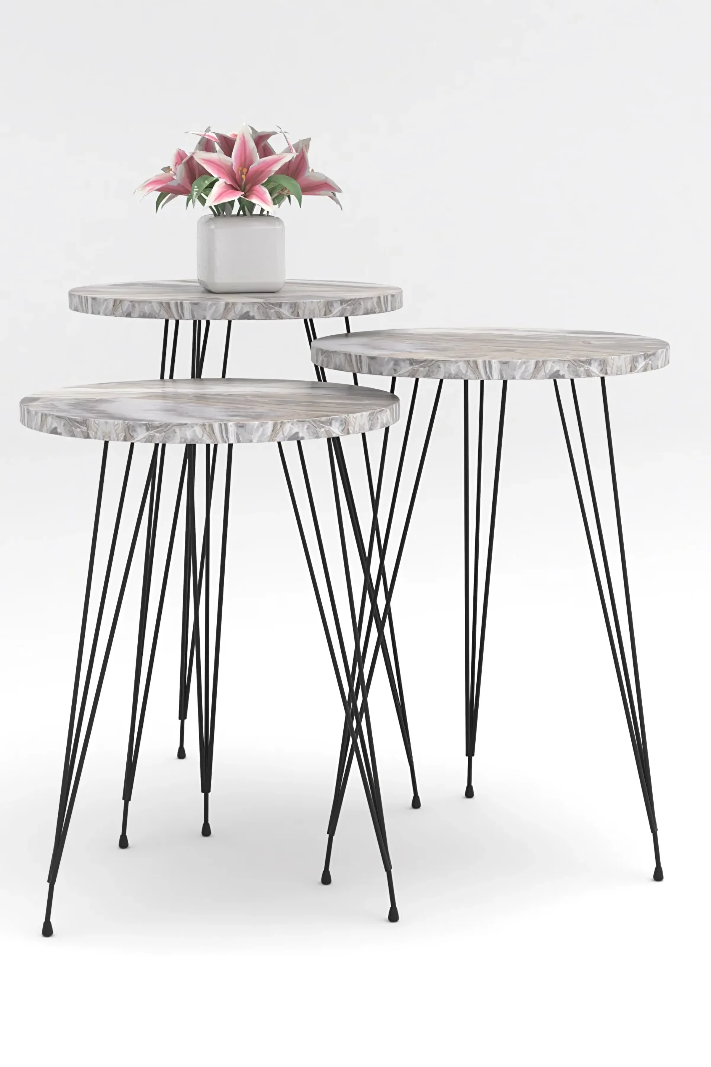 

Modern Nordic Gray Pearl Pattern Metal Pedestal 3'lü Wood Zigon Coffee Table Tea and Coffee Table Living Room Side Service Coffee Table