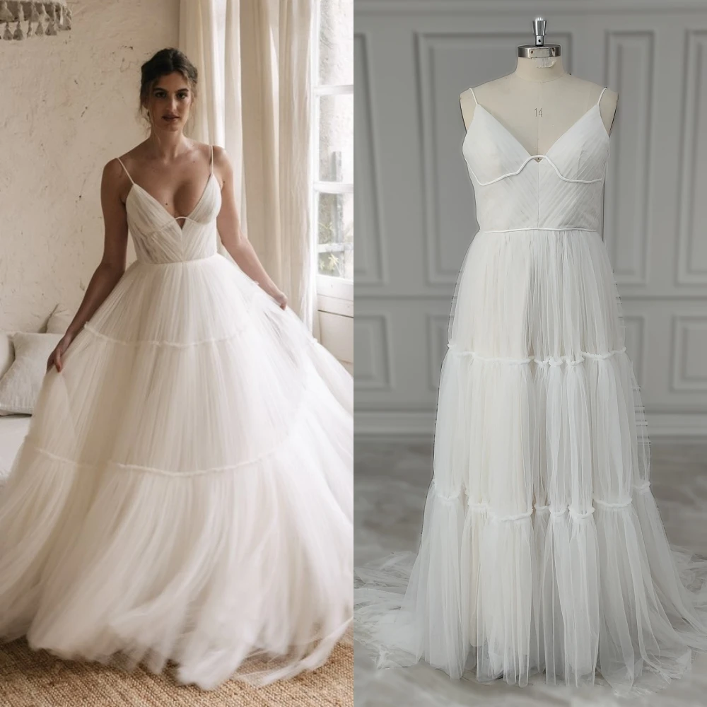 

12663# Real Photos Spaghetti Straps V-neck Fluffy Tulle Wedding Dress Boho Sweep Train Bride Gown For Women Vestido De Novia