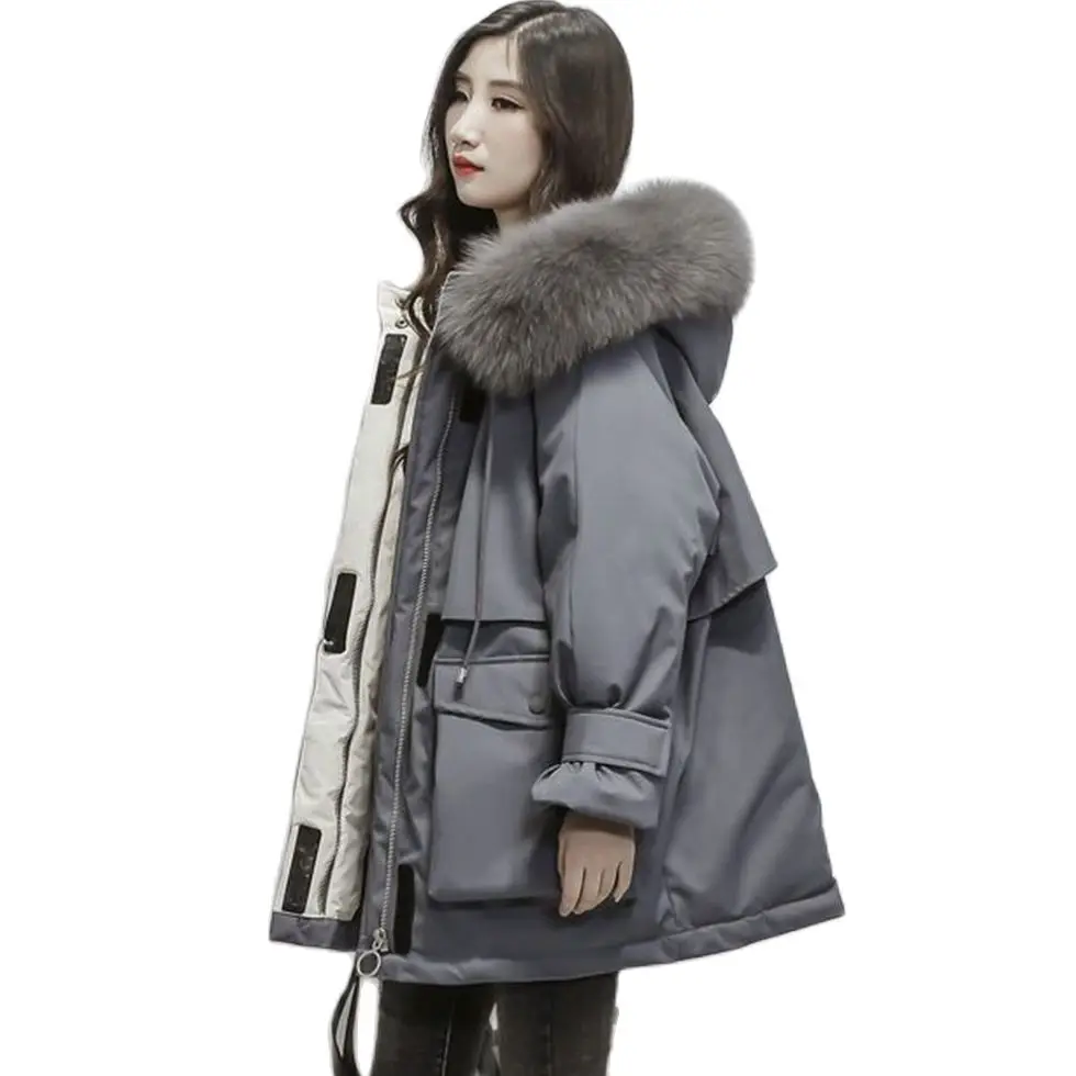 

Пуховик с меховым воротником для женщин средней длины, новинка, одежда с хлопковой подкладкой, Женская просторная и утепленная кроватка с большим меховым воротником
