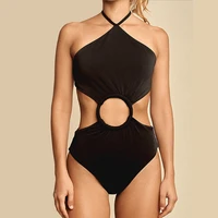fashion solid color halter cutout bikini one piece backless sexy slim swimsuit elegant string strap beachwear push ups 2022