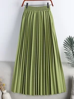 qooth 2022 spring summer high waist solid color pleated mid length womens skirt qt1675