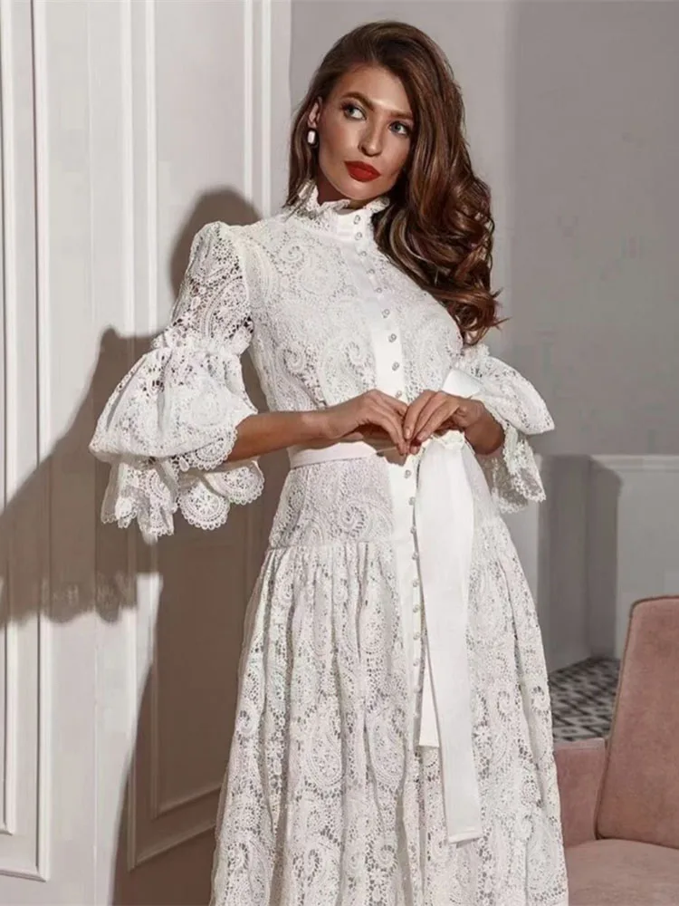 Early Spring Fashion Brand Retro Design Standing Neck Lantern Sleeve Single Breasted Large Swing Cut Out Lace Long Dress