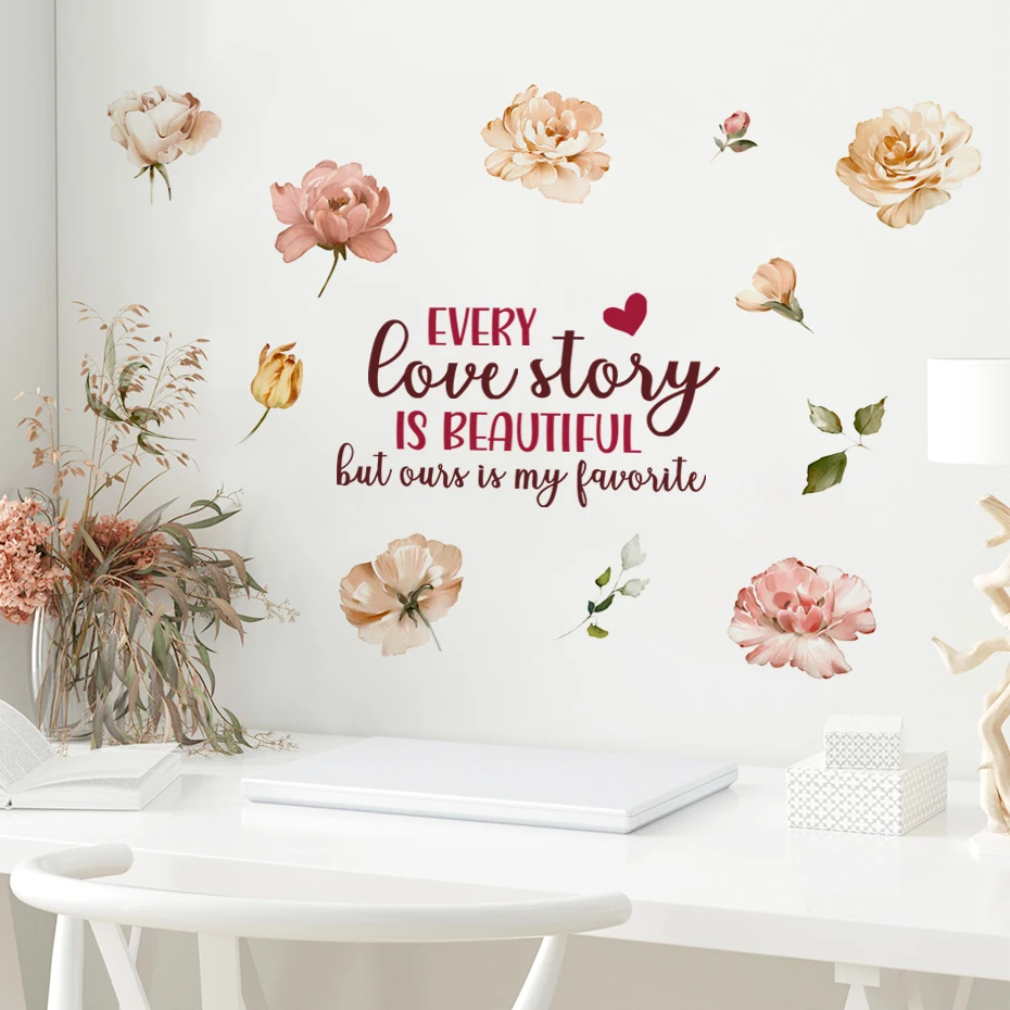 

Boho Pink Flowers Roses Leaves Love Story Quote Watercolor Vinyl Decals Wedding Decor Bedroom PVC Wall Stickers Home Decor