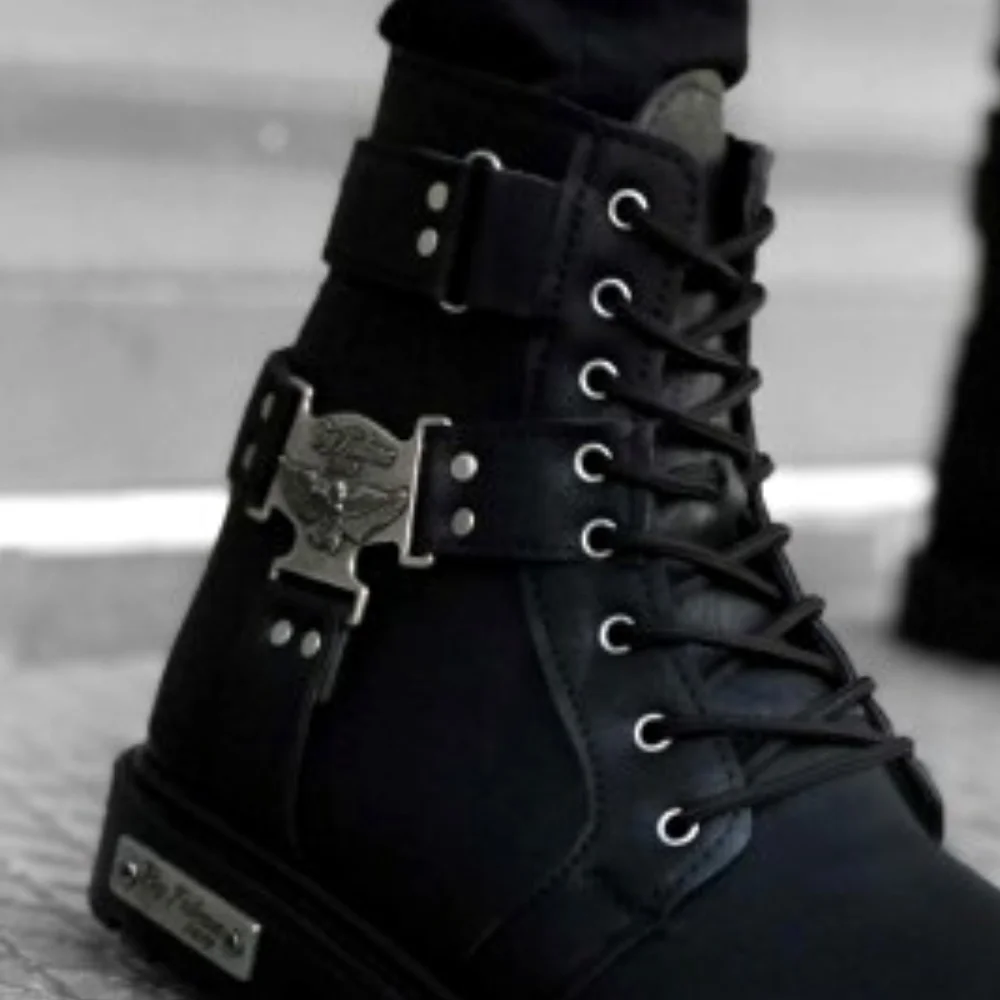 Мужские зимние байкерские ботинки из искусственной кожи черные мотоциклетные