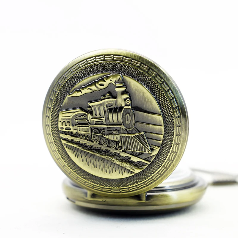 Steampunk Train Locomotive Bronze Retro Mehchanical Pocket Watch Men Engrave Skeleton Hand Watch Necklace With Chain Unisex Gift
