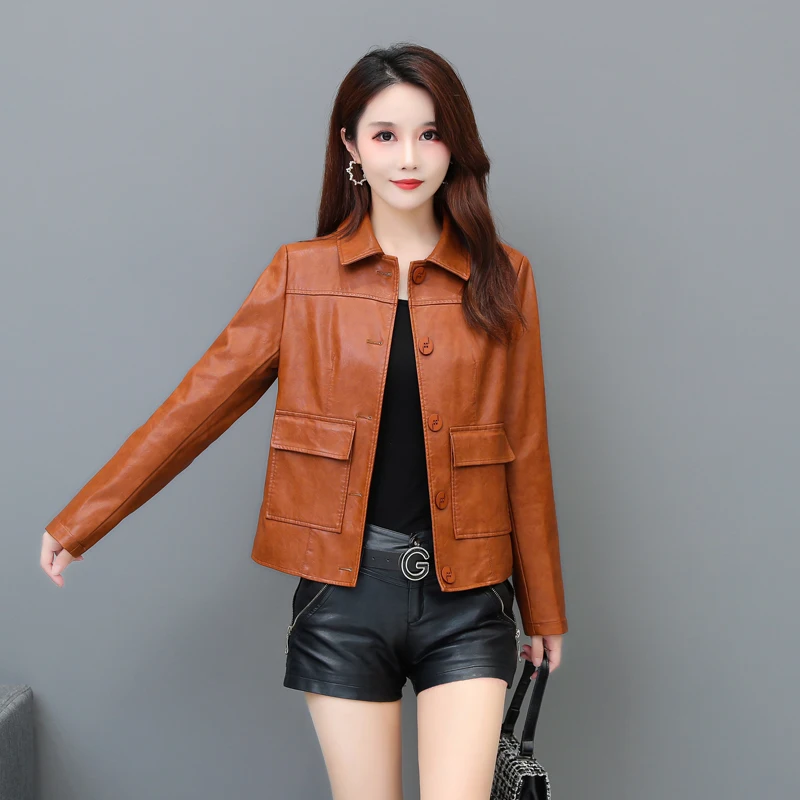 2022 new short women's fashion women's button motorcycle leather ladies sheepskin jacket jacket in autumn and winter