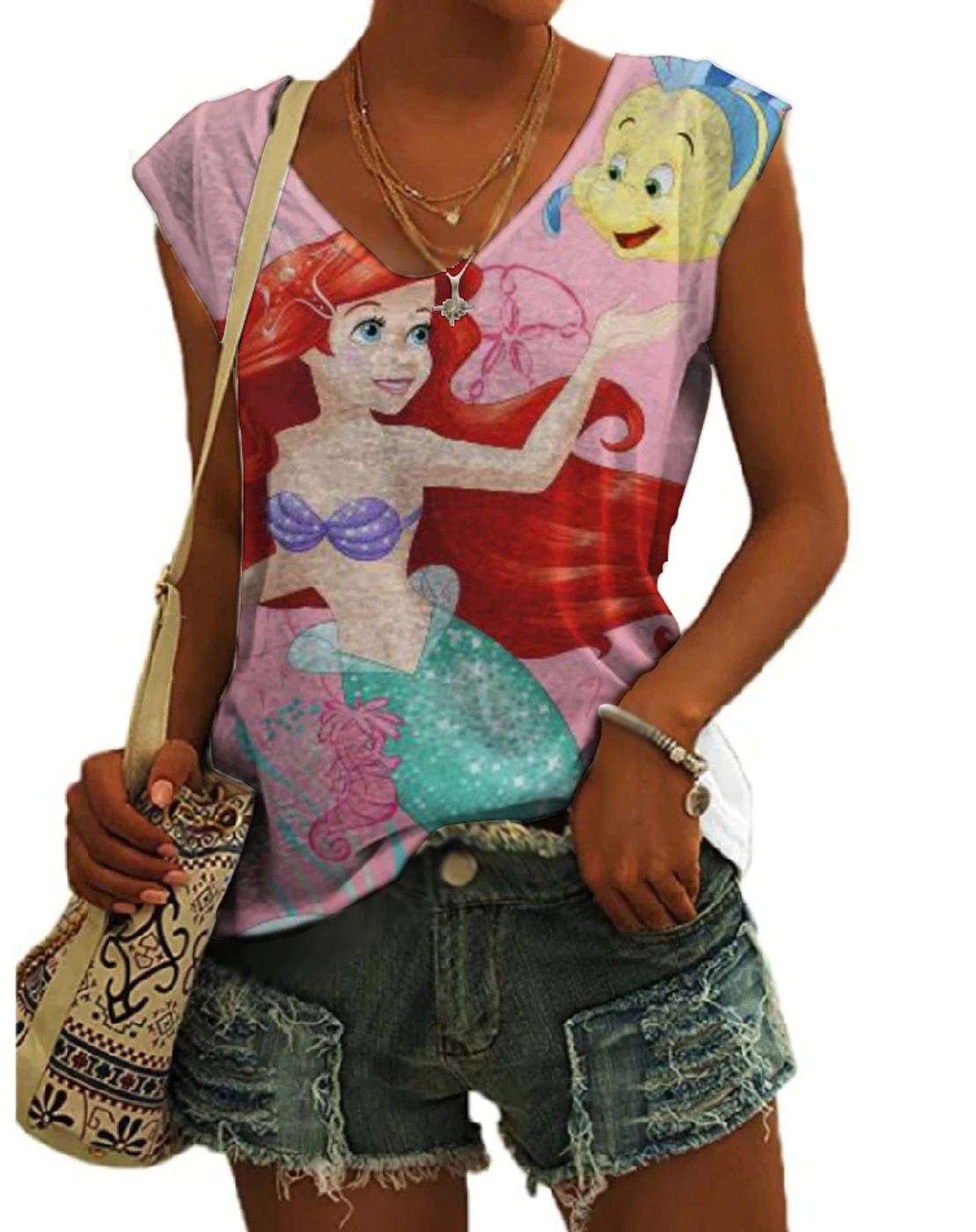 

2023 Summer New Harajuku Style Disney Brand Ariel Mermaid Anime Print Sexy Party Women Tops V Neck Short Sleeve T-Shirt Y2K