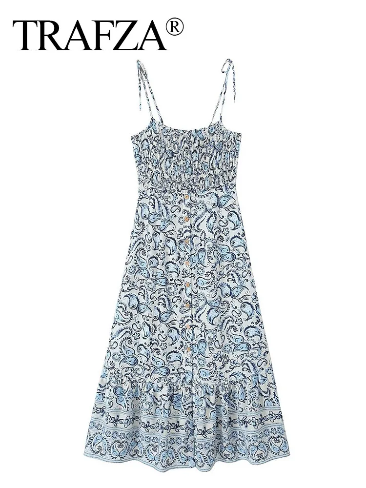 

Женское платье без рукавов TRAFZA, синее платье на бретельках средней длины с разрезом, приталенный пуловер в стиле ретро, лето 2023