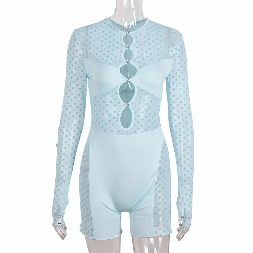 2022 Women's Spring Summer New Sexy Stitching Perspective Hollow Women's Night Club Blue Slim ShortJumpsuit