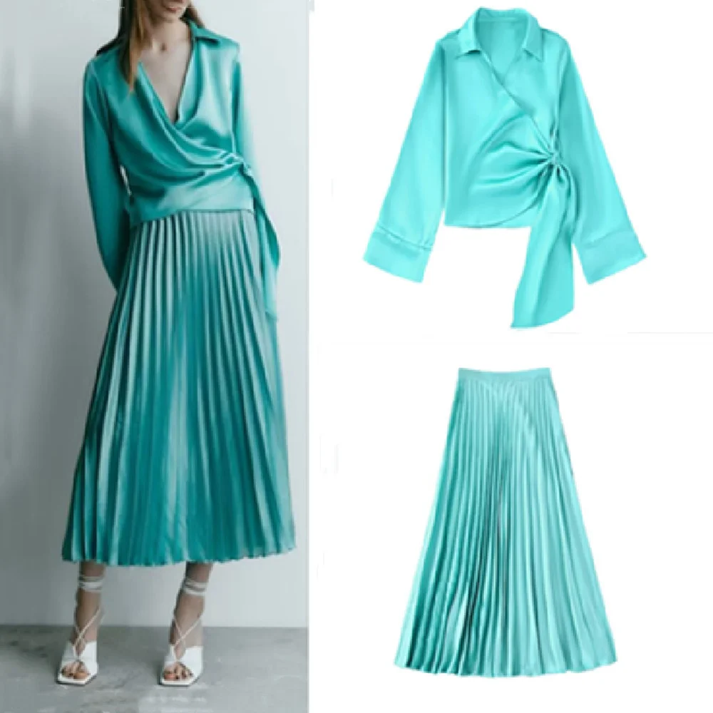 

PB&ZA 2022 Summer New Women's Solid Color Lapel Long-sleeved Silk Satin Textured Shirt Pleated High-waisted Skirt Two-piece Set