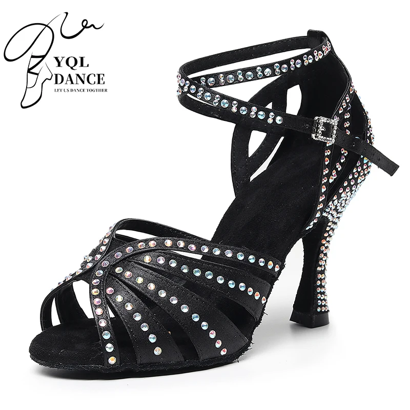 Woman Black Nude Nude Strappy Knot Crystal Latin Performance Dance Shoes Suede Sole Ballroom Salsa Dancing Shoes 3.5 Heel