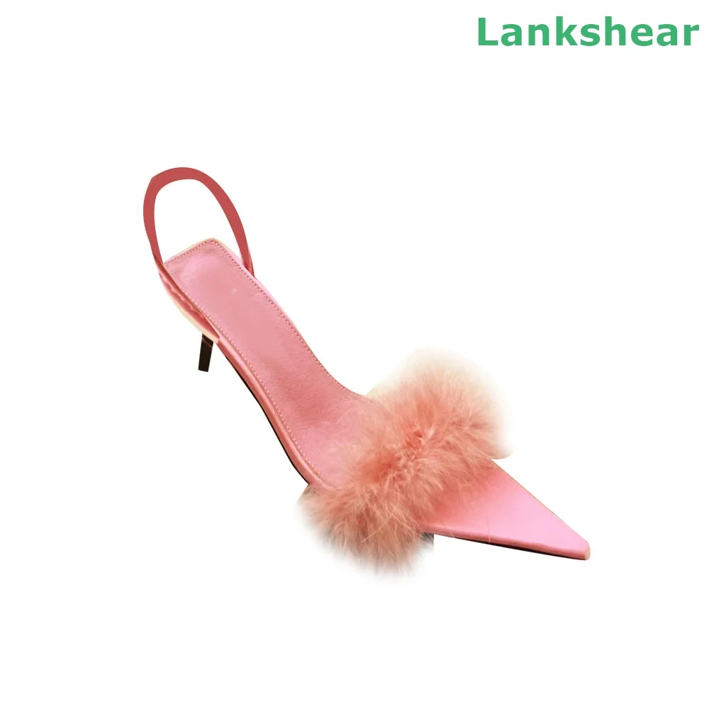 

Fur Pointed Toe Sandals Open Toe Back Strap Low Heels Summer Comfortable Beautiful Women Sandals Normal Size Fashion Sexy Shoes