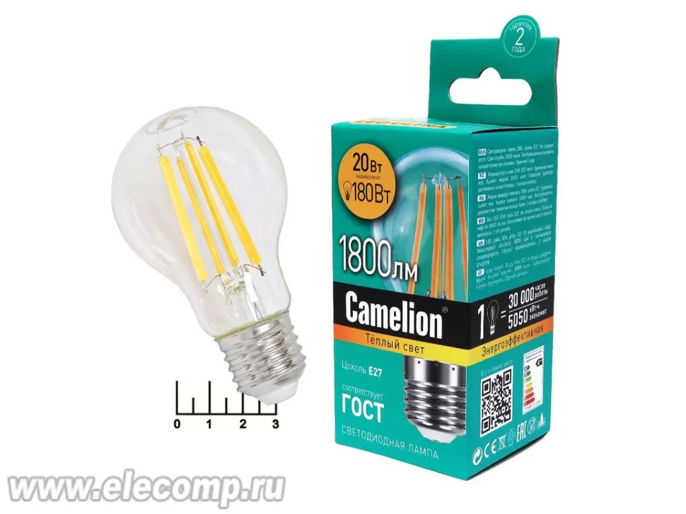 Лампа светодиодная 220V 20W E27 3000K белый теплый A60 нитевидная Camelion (60*105) - купить по