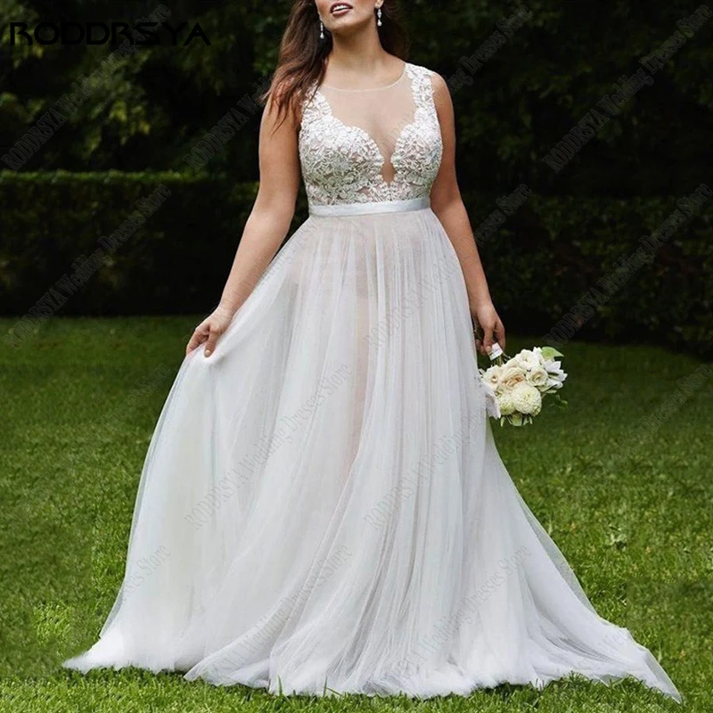 

RODDRSYA O-Neck Sleeveless Wedding Dresses For Women Beach Appliques Tulle Bridal Gowns Illusion Button Back Vestidos De Novia