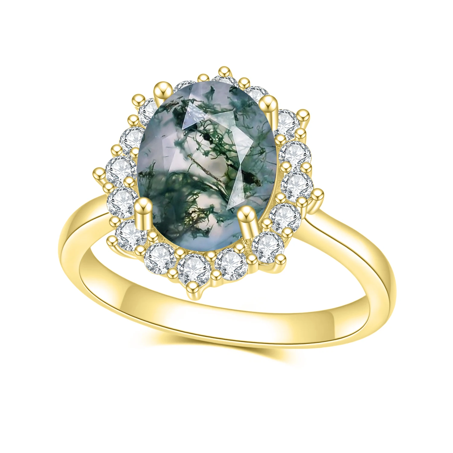 

GEM'S BALLET 2.85CT 8X10mm Moss Agate Oval Cut Unique Cluster Halo Engagement Rings in 925 Sterling Silver Women's Gemstone Ring