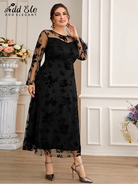Add Elegant 2022 Autumn Plus Size Flower Mesh Cover Dresses for Women Flare Sleeve Sweet Female O Neck Waist Midi Dress B1095 3