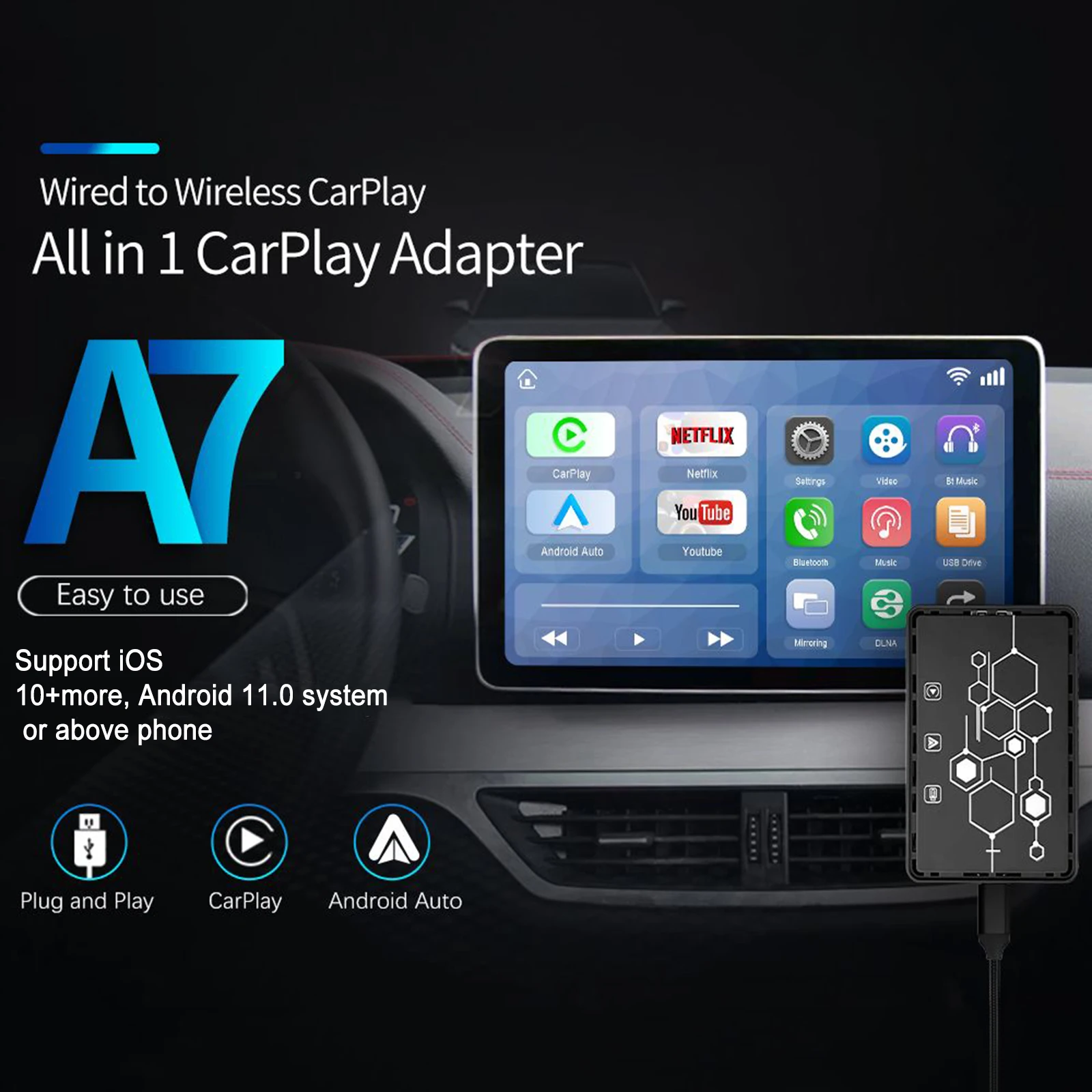 

CarPlay Ai Box Support Wired to Wireless CarPlay Only for Factory Radio Built-in Wired CarPlay Support Netflix YouTube