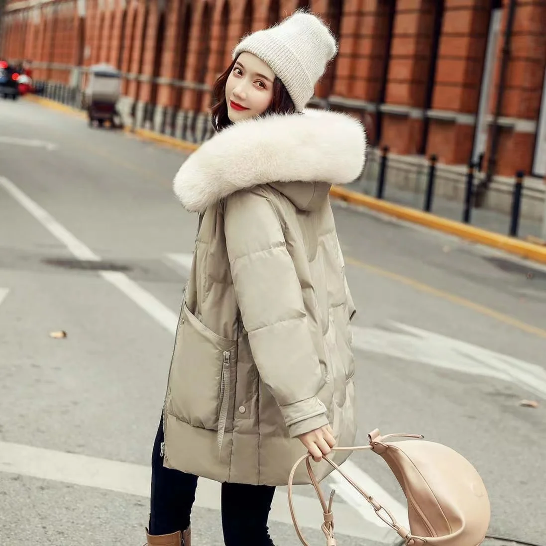 Zipper Snap Double Open Hooded Fur Collar Warm Windproof Down Jacket Winter Mid-Length Loose Thick Solid Color Puffer Jacket