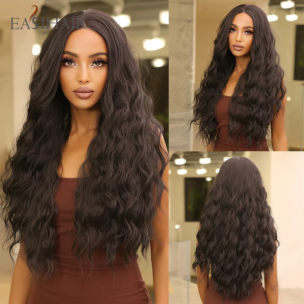 

EASIHAIR Long Deep Wave Dark Brown 13*4 Lace Front Wig for Women High Density Synthetic Lace Wigs Heat Resistant Natural Hair