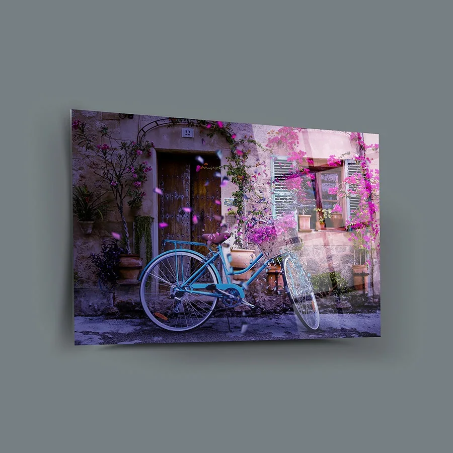 

Настенный декор для синего велосипеда, настенное искусство из стекла, бескаркасная свободная плавающая панель из закаленного стекла, украшение для дома, офиса, гостиной