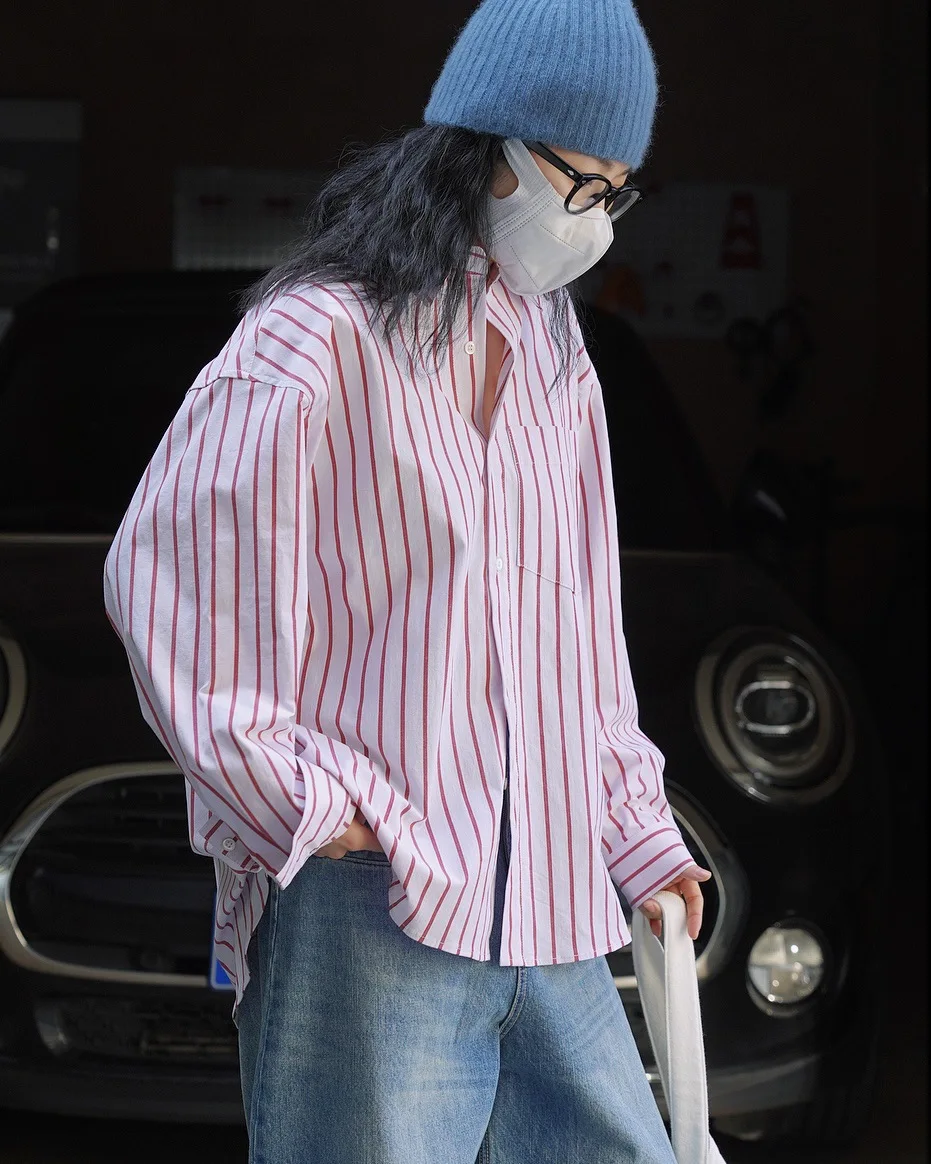 woman classic pretty oversized striped shirt