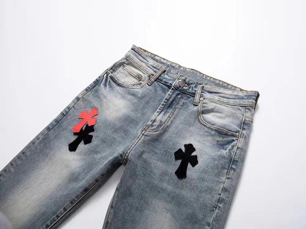 Vintage Retro Washed Old Patch Embroidered Small Feet Large Size Men'S Slim Fit Jeans High Street Y2K Pencil Jeans For Men