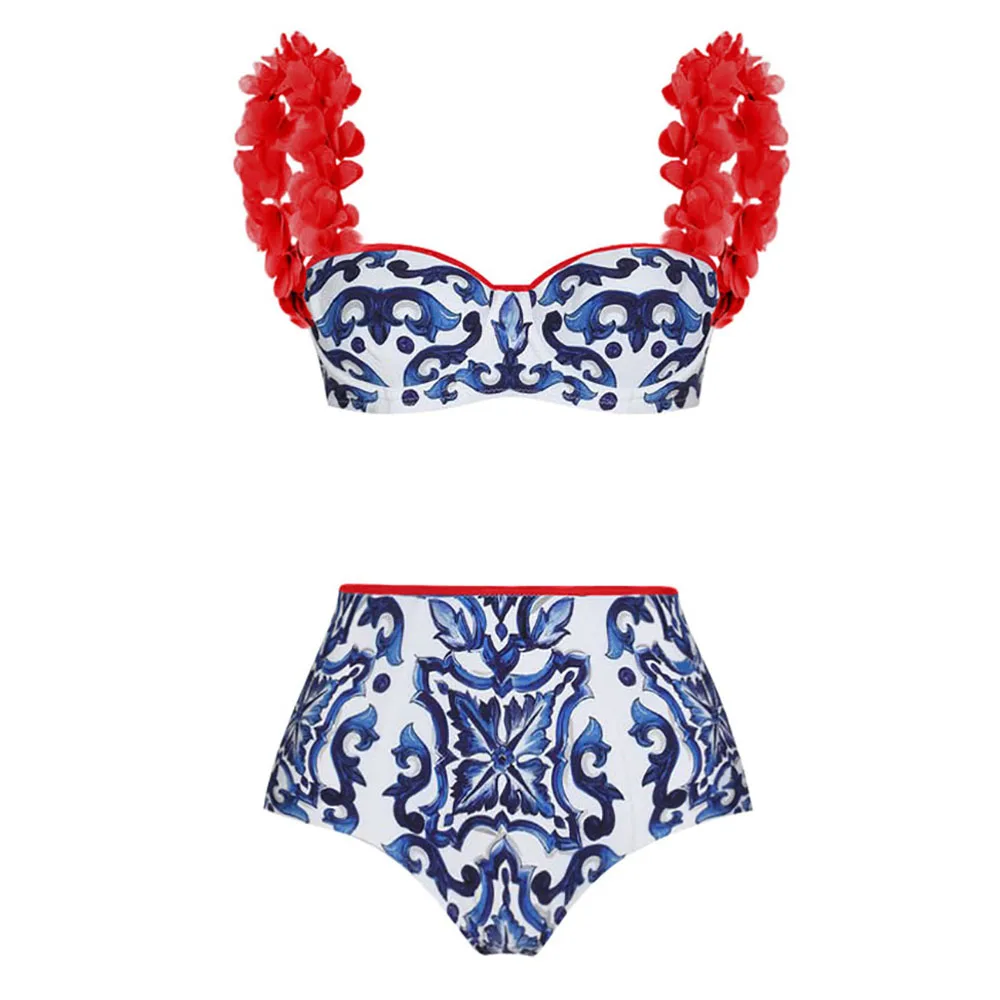 Printed One Piece Swimsuit Petal Stereo Strap Bikini Chic Sexy Backless Slim Beachwear Chiffon Beach Dress Cover Up Fashion 2022